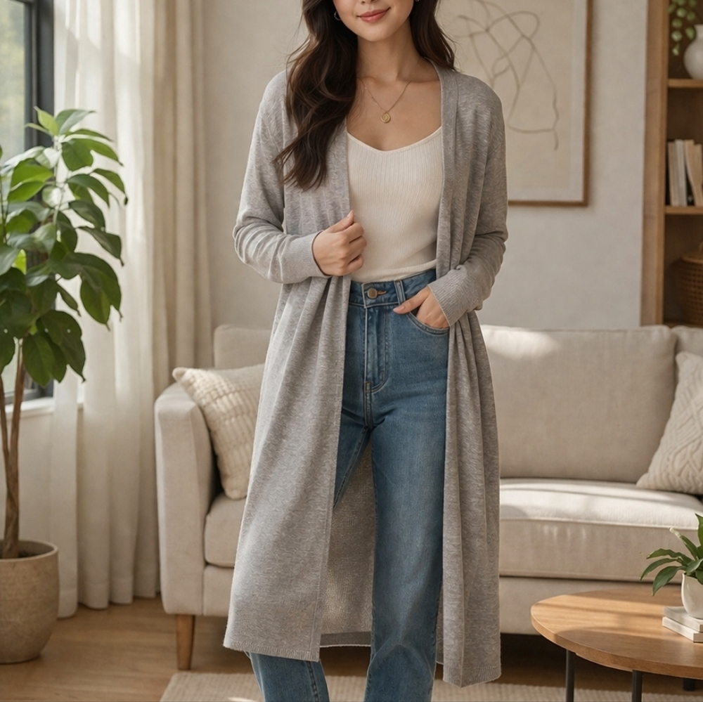 Universal Thread Gray Open Front Cardigan Size L Long Duster Soft Lightweight